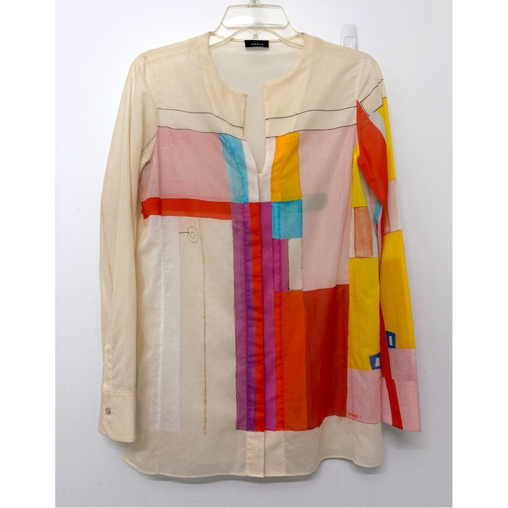 Akris Mural Print Cotton Shirt Tunic Blouse Red Beige Colorblock Geometric 6 - Picture 2 of 13